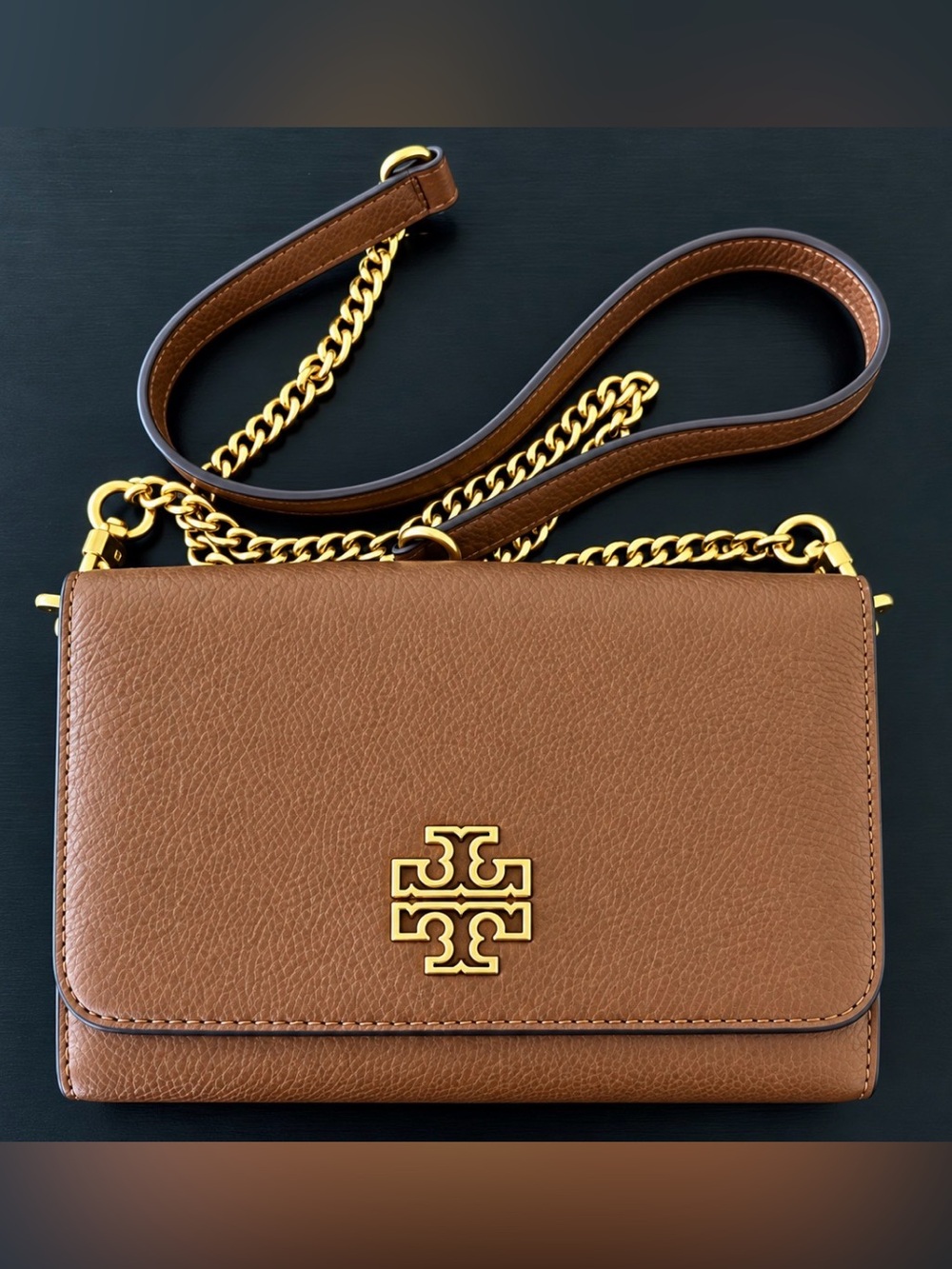 Tory Burch Britten Brown Pebbled Leather Chain Wallet Crossbody
